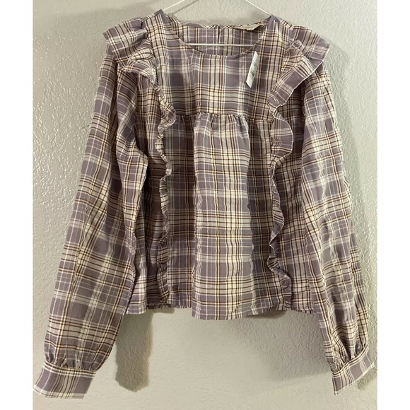 Ann Taylor LOFT Plaid Ruffle Cropped Blouse Large - Picture 4 of 9